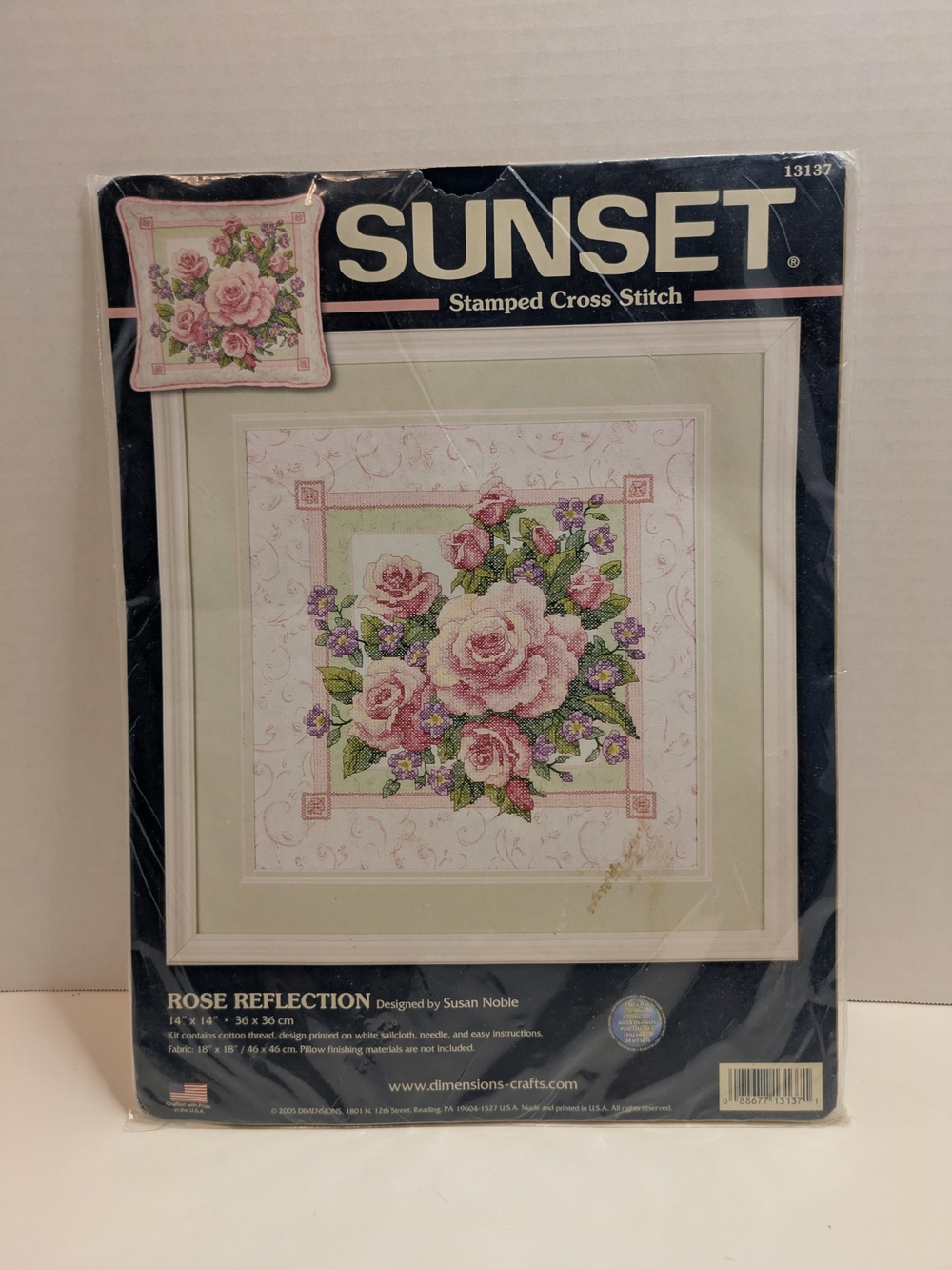 Sunset Rose Reflection Stamped Cross Stitch - Pink & Green Floral Wall Art